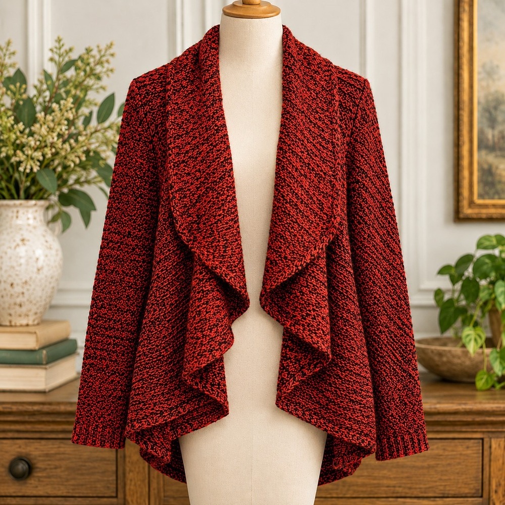 Cozy Chunky Marled Cardigan Red Black Draped Waterfall Chaus New York L
